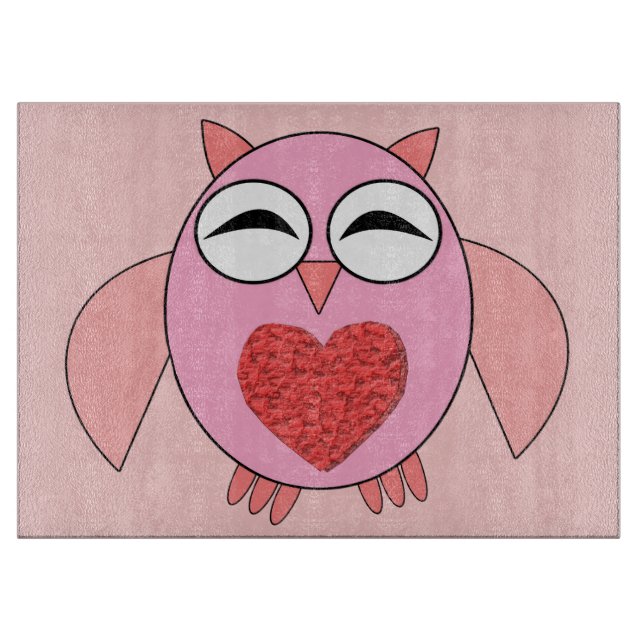 Pink Love Heart Owl Glass Cutting Board (Front)
