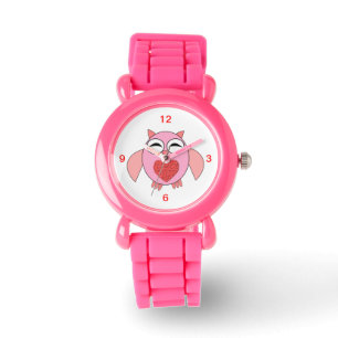 Pink Love Heart Owl Glitter Watch