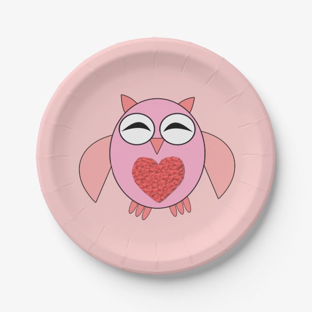 Pink Love Heart Owl Paper Party Plates (Front)