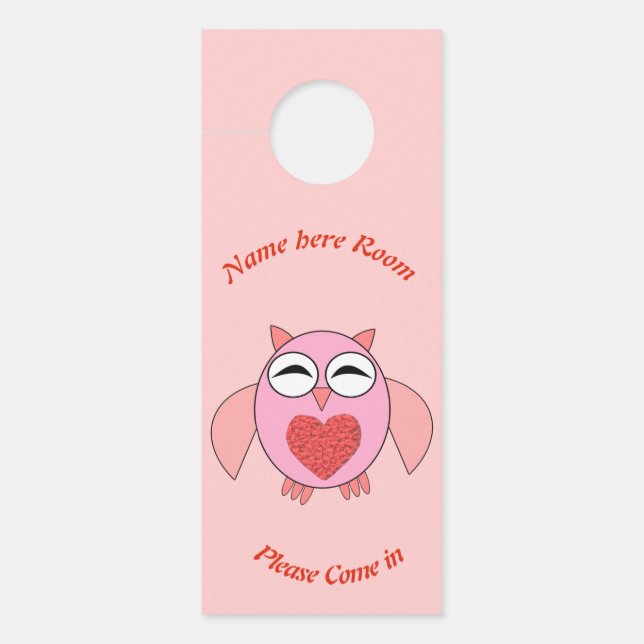 Pink Love Heart Owl Personalized Door Hanger (Front)