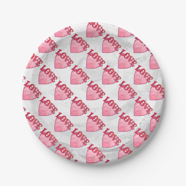 Pink Love Heart Pattern Paper Plates (Front)