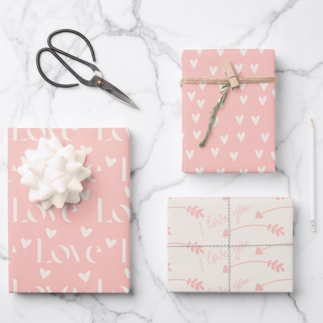 Pink Love Heart Pattern Valentines Day Wrapping Paper Sheets (Front)