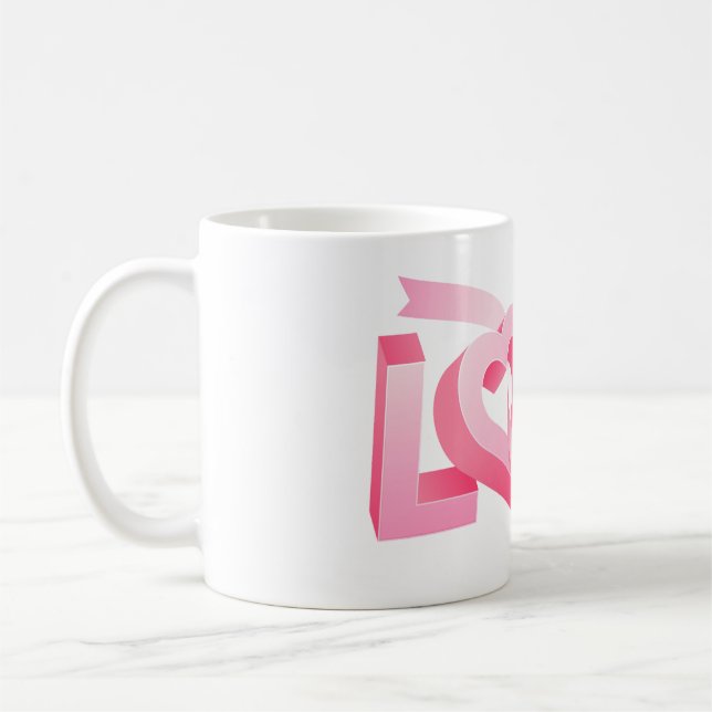 Pink Love Heart Ribbon Coffee Mug (Left)