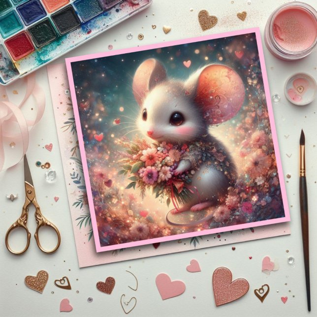 Pink Love Heart Watercolor Flowers Mouse Valentine Holiday Card (Creator Uploaded)