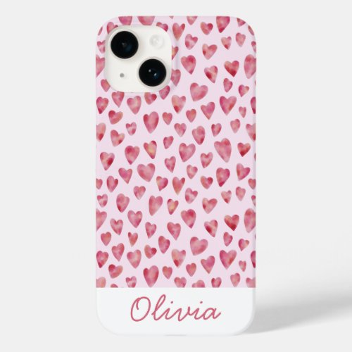 Pink love heart watercolor pattern name Case_Mate iPhone 14 case