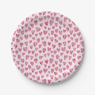Pink Love Heart Watercolor Pattern Paper Plates