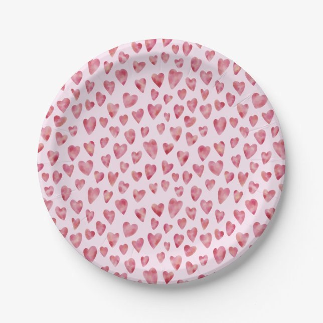 Pink Love Heart Watercolor Pattern Paper Plates (Front)