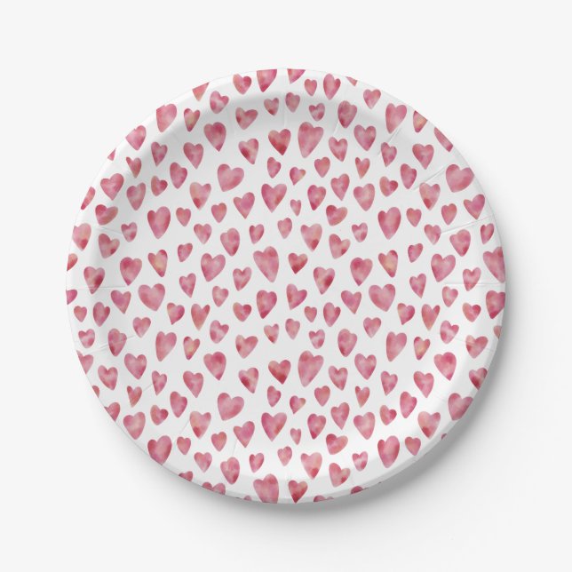 Pink Love Heart Watercolor Pattern Paper Plates (Front)