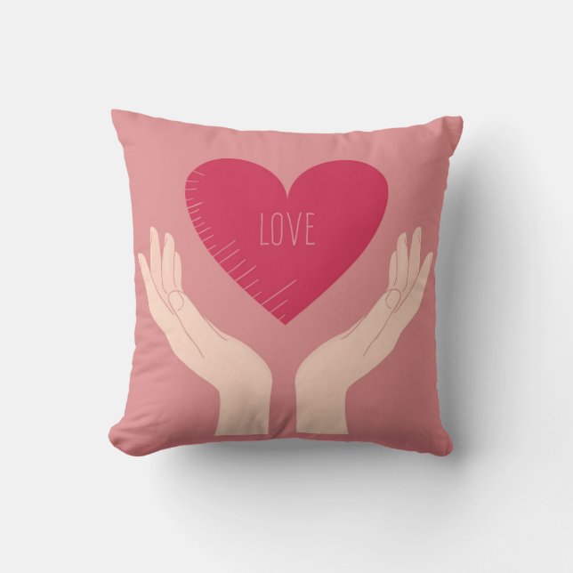 Pink love heart with hands valentine throw pillow (Front)