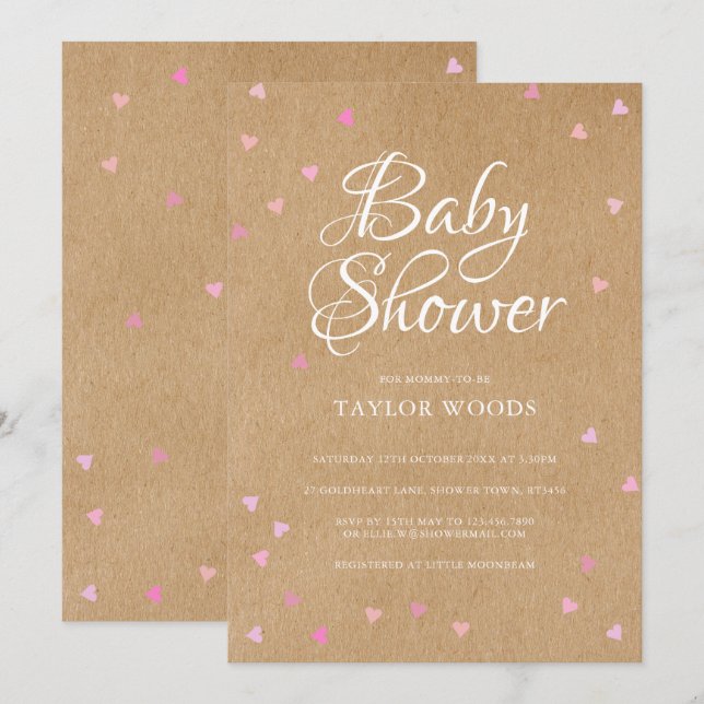 Pink Love Hearts Baby Shower / Sprinkle Rustic Invitation (Front/Back)