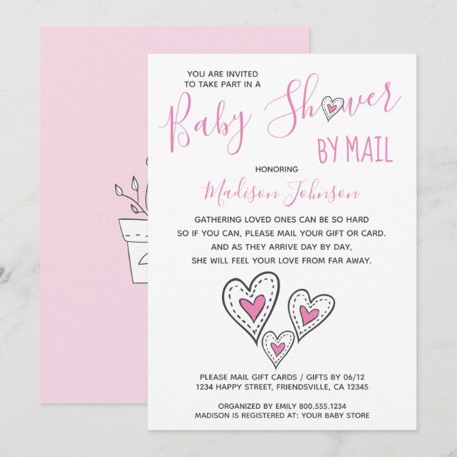 Pink Love Hearts Girl Baby Shower By Mail Invitation (Front/Back)