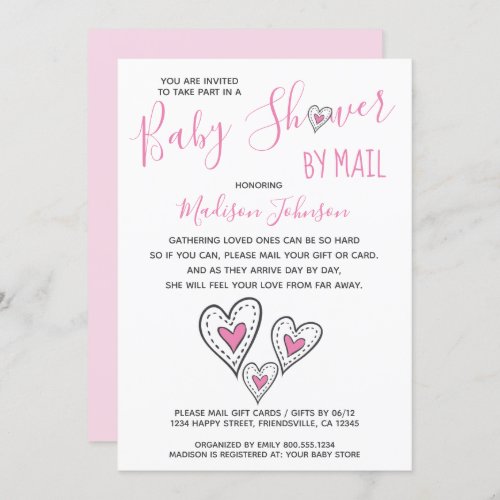 Pink Love Hearts Girl Baby Shower By Mail Invitation