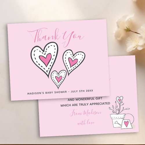 Pink Love Hearts Potted Plant Girl Baby Shower Thank You Card