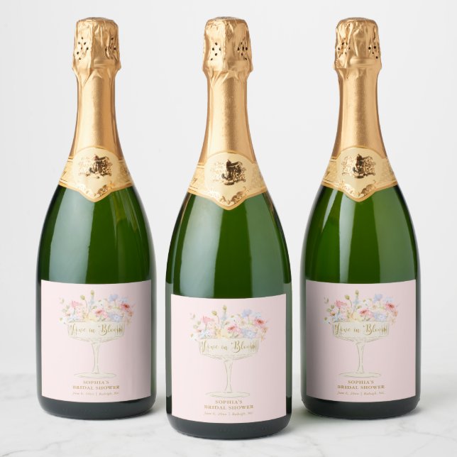 Pink Love in Bloom Bridal Shower Personalized Sparkling Wine Label (Bottles)