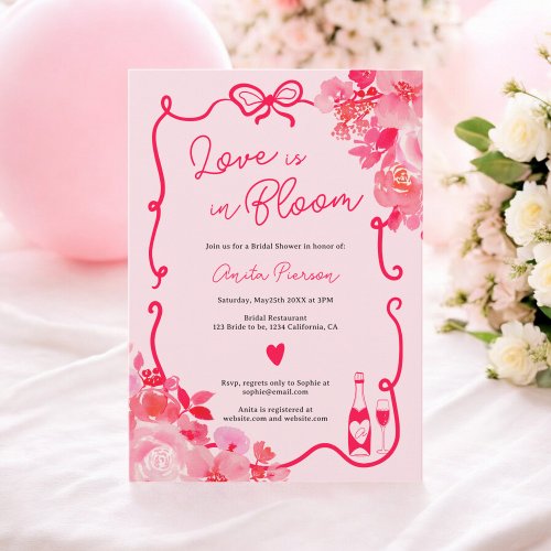 Pink love in bloom floral scribbles bridal shower invitation