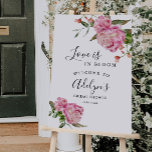 Pink Love Is In Bloom Bridal Shower Welcome Sign<br><div class="desc">Rustic floral theme bridal shower welcome sign featuring watercolor illustration of pink peony with greenery. The text says "love is in bloom."</div>