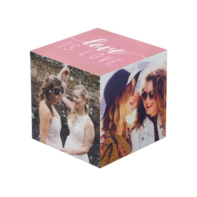 Pink Love is Love Gold Confetti - Wedding Photos Cube (Front Angled)