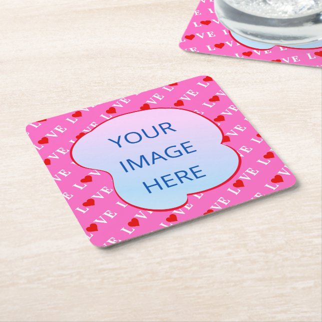 Pink LOVE Modern Chic Square Paper Coaster (Angled)