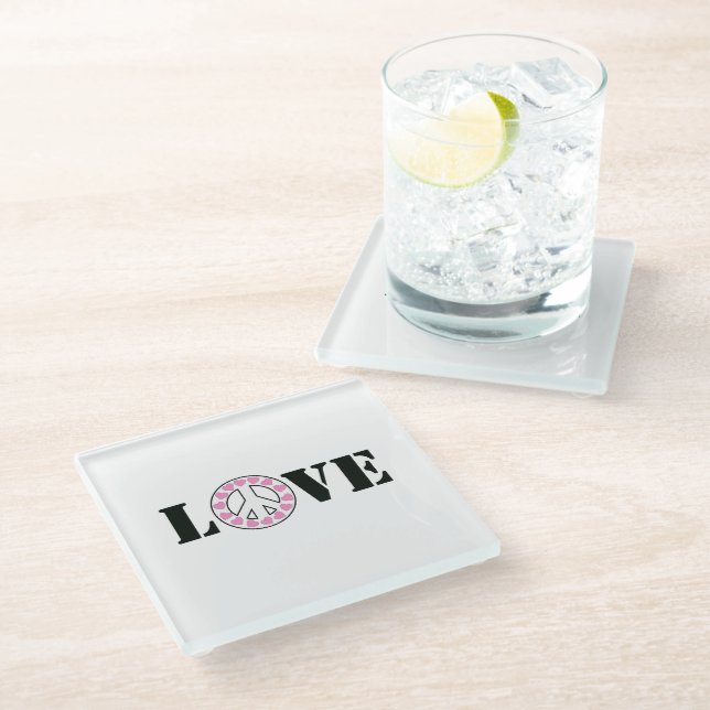 Pink Love Peace Hearts  Glass Coaster (Angled)