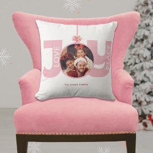 Pink Love Peace Joy Christmas Holiday Photo Throw Pillow