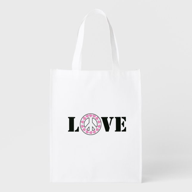 Pink Love & Peace Sign Hearts Grocery Bag (Front)