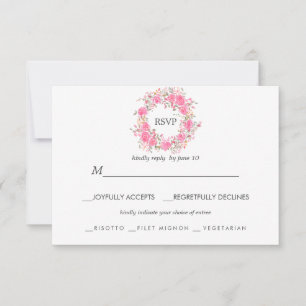 Pink Love   Roses Wedding RSVP meal choice Card