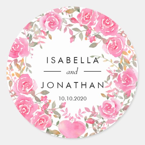 Pink Love  Rustic Roses wedding Custom Classic Round Sticker