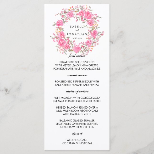 Pink Love | Rustic roses wreath wedding  Menu (Front)
