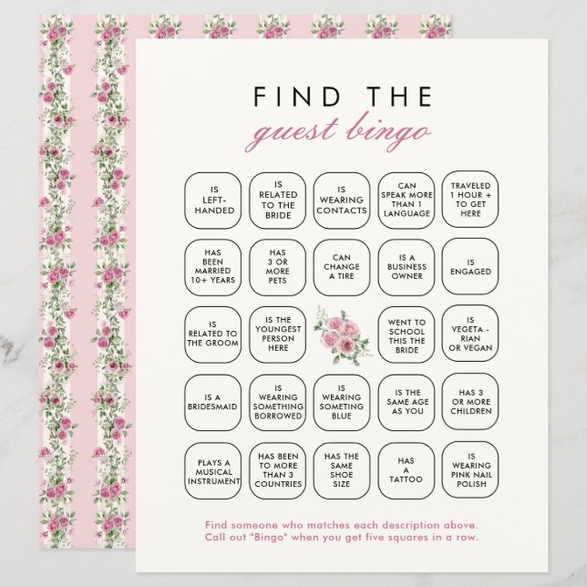Pink Love Shack Fiance Find The Guest Bingo Game (Front/Back)