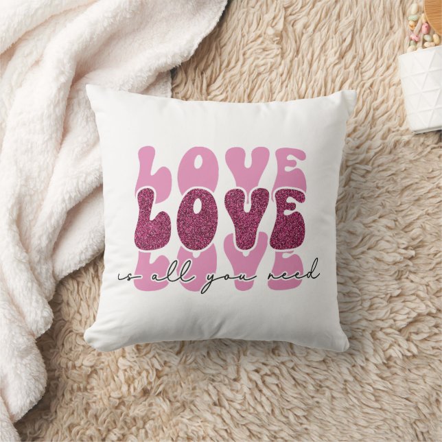 Pink "Love" Stacked Bubble Font Throw Pillow (Blanket)