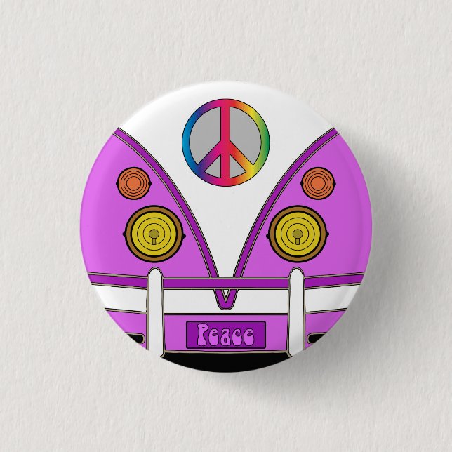 Pink love wagon, hipster, hippie peace sign button (Front)