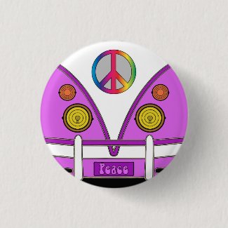 Pink love wagon, hipster, hippie peace sign button
