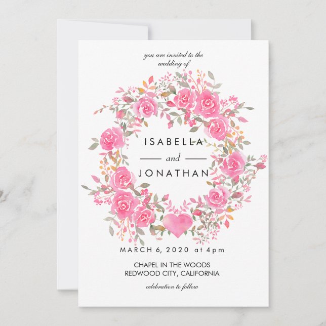 Pink Love | Watercolor Roses Wreath wedding Invitation (Front)