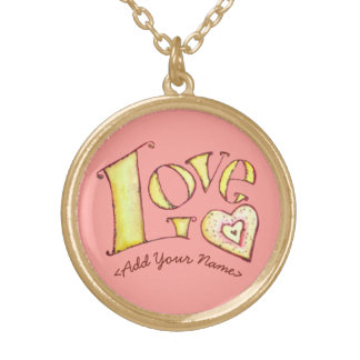 Pink Love Word with Heart Gold Necklace