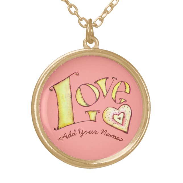 Pink Love Word with Heart Gold Necklace (Front)