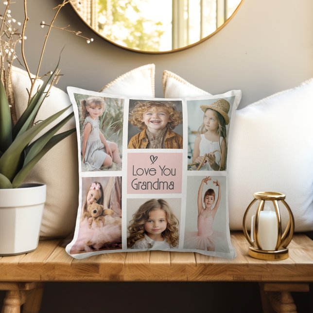Pink Love You Grandma Photo Collage Keepsake Throw Pillow (A cute photo gift for Grandma.)