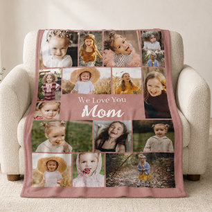Pink Love You Mom 16 Photo Collage Fleece Blanket