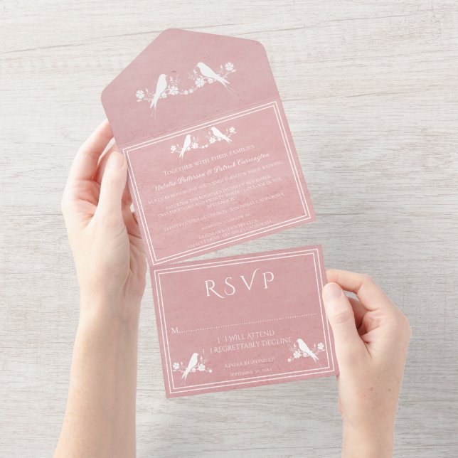 Pink Lovebird Floral All in One Wedding Invite (Tearaway)