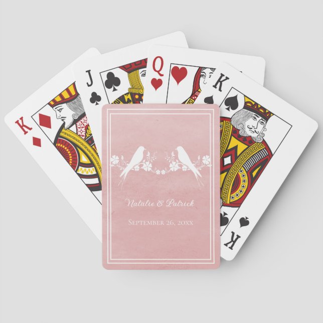 Pink Lovebird Floral Wedding Playing Cards (Back)