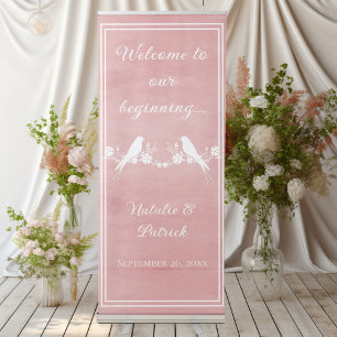 Pink Lovebird Floral Wedding Welcome Retractable Banner