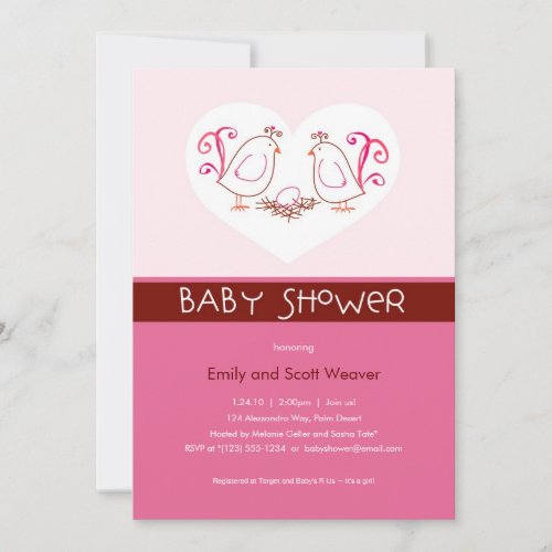 Pink Lovebirds and Nest Baby Shower Invitations