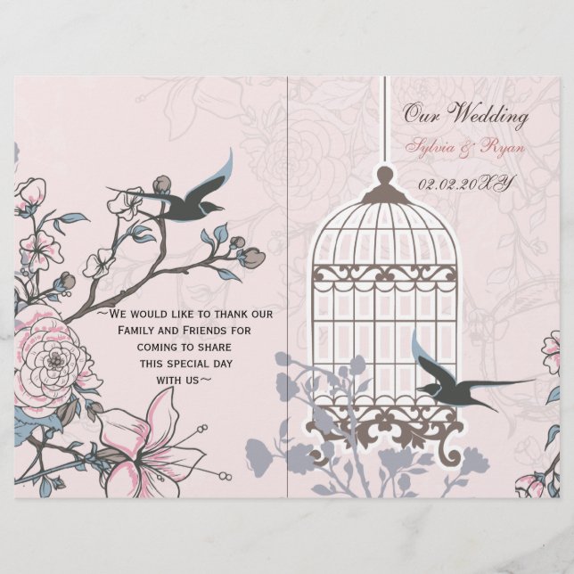 pink lovebirds  bircage bi fold Wedding program (Front)