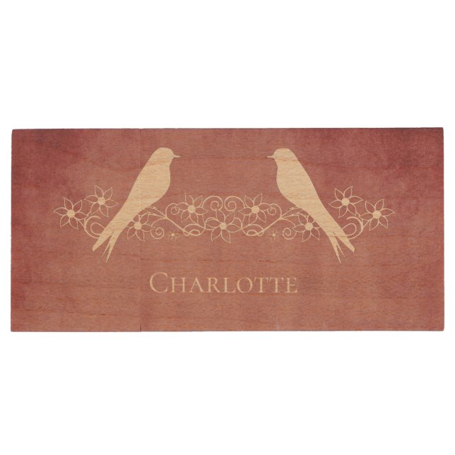 Pink Lovebirds Floral USB Wooden Flash Drive (Back)