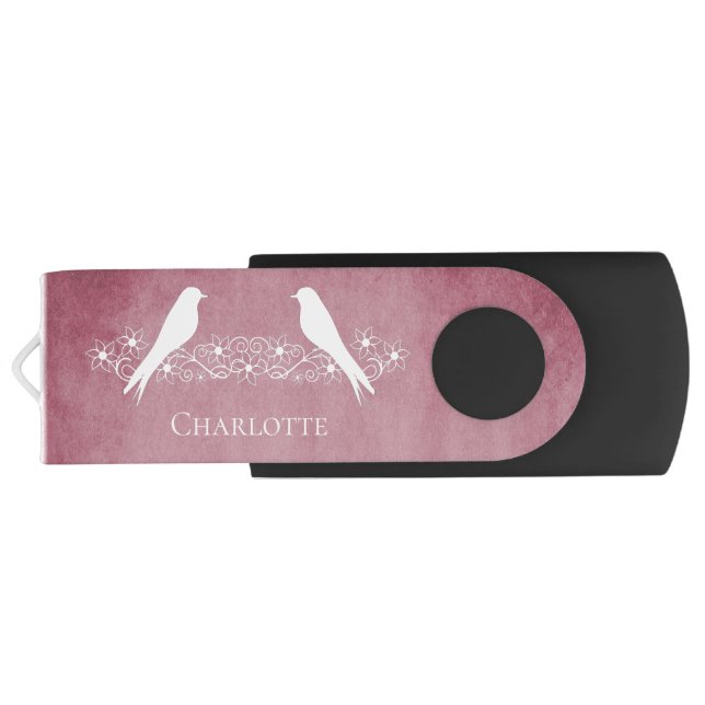 Pink Lovebirds Floral Vine USB Flash Drive (Back)