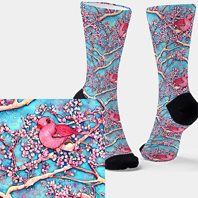 Pink Lovebirds in Blossom Tree on Blue Sky Floral Socks (Creator Uploaded)