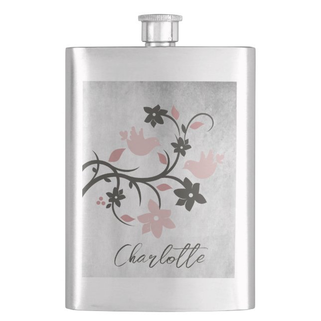 Pink Lovebirds Personalized Flask (Front)