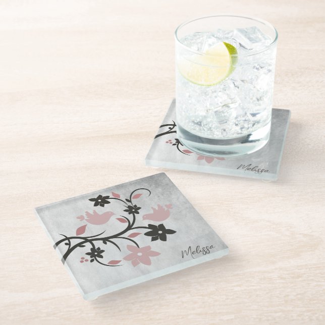 Pink Lovebirds Personalized Glass Coaster (Angled)