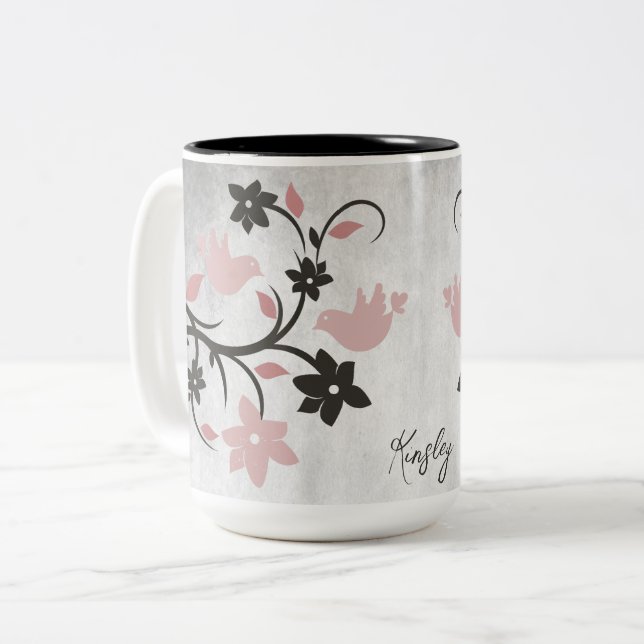 Pink Lovebirds Two-Tone Coffee Mug (Front Left)