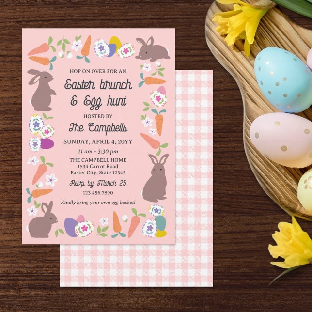 Pink Lovely Bunnies Carrots Easter Brunch Egg Hunt Invitation (Creator Uploaded)