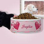 Pink Lovely Hearts With Custom Pet Name Bowl<br><div class="desc">Destei's illustration of lovely pink color hearts in different sizes. The background color is light pink and the top and bottom have a pink border. There is also a personalizable text area for a name or other custom text such as "Food" or "Water". This design is perfect for anyone looking...</div>